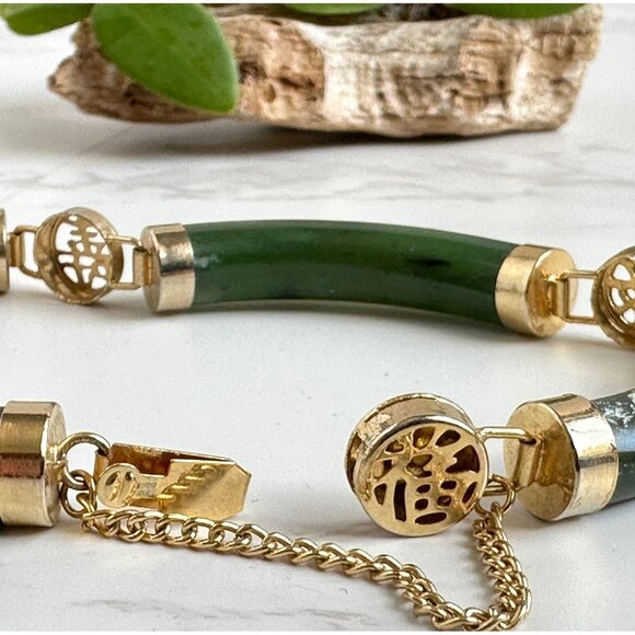 Nephrite Jade Gold Plated Bracelet With Asian Character Links & Safety Chain - Picture 2 of 4